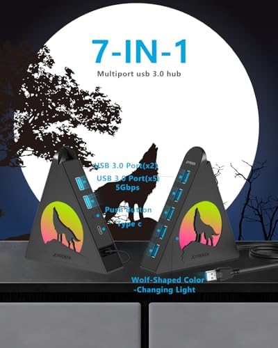 Elevate Your Connectivity Game with the Joy Reken 7-Port USB 3.0 Hub – High-Speed Data Transfer, Vertical Design with RGB Lighting, Ideal for PC, Mac, Laptop, PS5, Xbox, and More – 5 Gbps Performance with 2 FT Extension Cable for Optimal Placement and Style