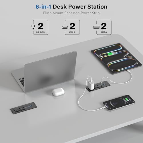 Recessed Power Strip with USB C PD Fast Charging – 30 W Flush Mount Desk Outlet for Space-Saving Convenience, 2 AC Outlets & 2 USB Ports, 6 ft Cord, Ultra Thin Flat Plug for Tidy Workspaces – Perfect for Home Offices and Multi-Device Charging Solutions