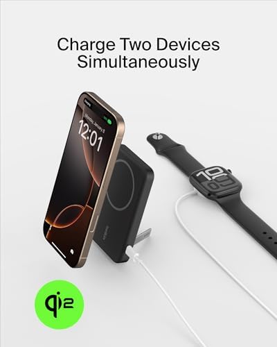 Belkin 5000 m Ah Wireless Power Bank with Qi2 Technology – Mag Safe-Compatible Portable Charger Featuring Built-in Kickstand for i Phone 16, 15, 14, 13, Plus, Pro, Pro Max – Sleek White Design for Seamless Charging on the Go – Optimal Speed & Versatile Compatibility