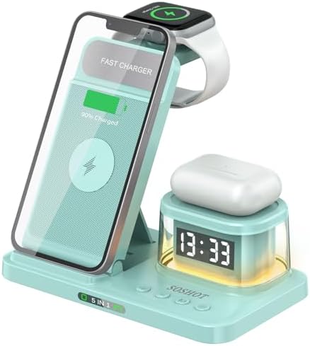 Elevate Your Charging Game: 5-in-1 Foldable Wireless Fast Charger with Integrated Night Light & Transparent Clock for Apple Devices – Ideal for i Phone 16/15/14/13/12/11 Pro Max, Apple Watch, and Air Pods – Sleek Green Design for Ultimate Portability and Style