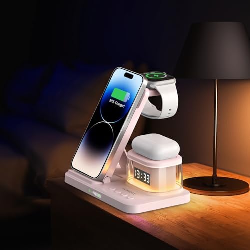 Elevate Your Charging Game: 5-in-1 Foldable Wireless Fast Charger with Integrated Night Light & Transparent Clock for Apple Devices – Ideal for i Phone 16/15/14/13/12/11 Pro Max, Apple Watch, and Air Pods – Sleek Green Design for Ultimate Portability and Style