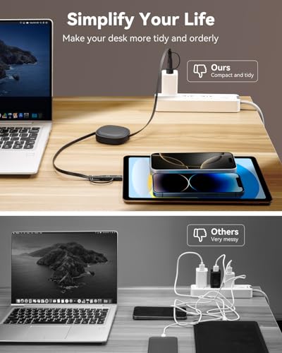 Revolutionize Your Charging Experience with the 5-in-1 Retractable Fast Charging Cable – 60 W Multi-Device Solution for i Phone 16/15/14/13, i Pad, Samsung S24/S23, and More – Compact 3.8 Ft Length with USB-A/C, Lightning & Micro USB Ports for Ultimate Compatibility and On-the-Go Convenience