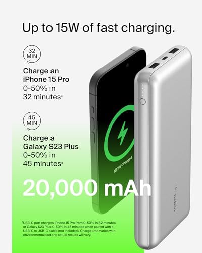 Belkin 20000 m Ah USB-C Power Bank – Dual USB-A Ports, Fast 15 W Charging for i Phone 16/15 Plus, Samsung Galaxy S25, Pixel, i Pad, Nintendo Switch 2 – Travel-Friendly Design in Pearl Blue for Enhanced Device Compatibility and On-the-Go Power