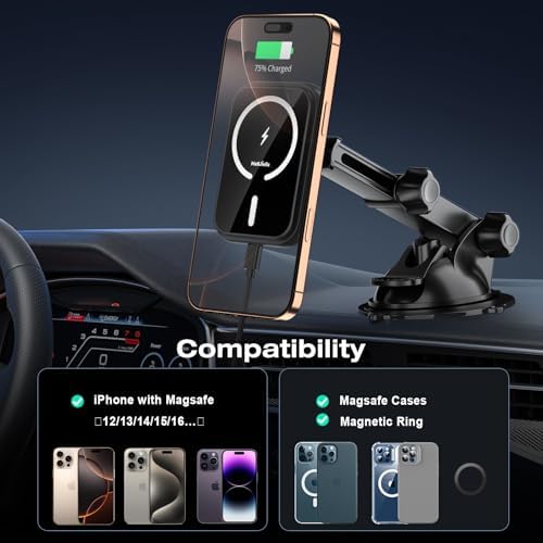 Mag Safe Car Mount Charger – 15 W Fast Wireless Charging Phone Holder for i Phone 16/15/14/13/12 Pro Max Plus – Secure Magnetic Fit for Dashboard, Windshield, Air Vent & Desk – Ultimate Convenience for Bumpy Roads – Enhanced Compatibility & Speed for Modern Drivers