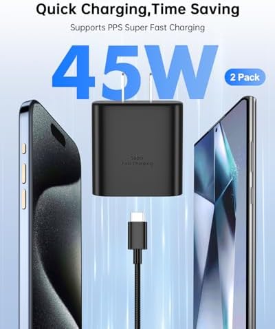 Dual-Pack 45 W USB C Fast Charger for Samsung Devices – Lightning-Fast Charging with 6 FT Type C Cables for Galaxy S25 Ultra/S24/S23/Z Fold 5/Z Flip 5 – PPS Technology for Enhanced Power Delivery – Compact, Reliable, and Portable Charging Solution
