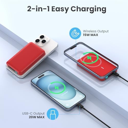 Ultra-Slim Magnetic Portable Charger 10800 m Ah Power Bank with LCD Display – Fast 20 W PD USB-C Input/Output, Wireless Charging for Mag Safe-Compatible i Phones Including 16/15/14/13 Series – Lightweight Travel Essential for On-the-Go Power