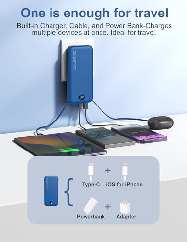 Ultra-Fast Portable Phone Charger with 12000 m Ah Capacity – All-in-One Power Bank with Integrated Cables, Wall Plug, and LED Display for i Phone, i Pad, Samsung – Essential Travel Companion for Uninterrupted Connectivity