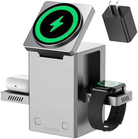 Advanced 25 W 3-in-1 Wireless Charging Station for Apple Devices – Space-Saving Auto Expand/Collapse Mag-Safe Stand for i Phone 16/15/14 Series, Apple Watch, and Air Pods – Compact Travel Charger Dock in Metal Gray with Enhanced Safety Features and Fast Magnetic Charging