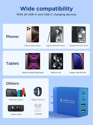 Aioneus 40 W USB C Fast Charging Block – 4-Port Dual PD & QC Wall Charger for i Phone 11-16, i Pad & Samsung Devices – Compact, High-Performance Power Adapter with Enhanced Safety Features for Home & Travel