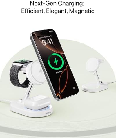 Intoval 3-in-1 Magnetic Wireless Charging Station for i Phone 16/15/14/13, Apple Watch & Air Pods – Fast, Sleek & Space-Saving Design for Effortless Charging | Enhanced Compatibility & Safety Features in Elegant Black Finish