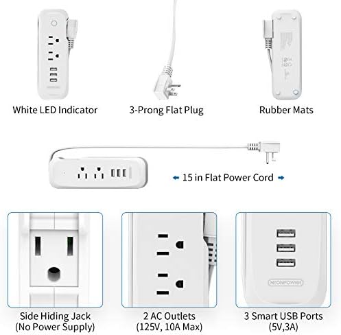 Compact Travel Power Strip with USB Ports – NTONPOWER 2 Outlets & 3 USB Charging Station, 15-Inch Short Extension Cord for Hotels, Airports, and Cruise Ships – Sleek White Design for Ultimate Portability and Enhanced Device Compatibility