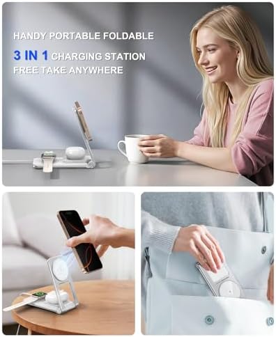 Ultimate 3-in-1 Magnetic Wireless Charging Station with Retractable Cable – Fast 15 W Charger for i Phone 16, 15, 14, 13, 12, Apple Watch & Air Pods – Portable Foldable Design with 20 W Adapter for Home, Office & Travel – Enhanced Safety Features & Cable Management Solutions