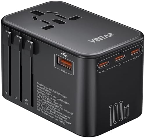 VINTAR Universal Travel Adapter 75 W Ga N Technology: Ultimate All-in-One Power Converter with 3 USB-C PD and 2 USB-A Quick Charge Ports for Global Use – Compact Power Solution for Laptops & Smartphones in 200+ Countries – Reliable Performance with Safety Features for Hassle-Free Charging