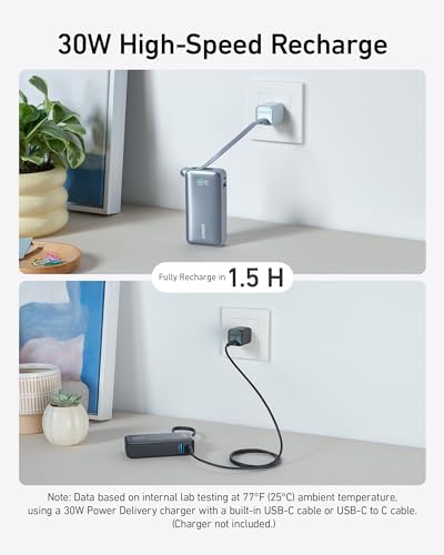 Anker Nano 10,000 m Ah Portable Charger – Ultra-Compact Power Bank with Integrated USB-C Cable for Fast Charging – 30 W Output for i Phone 16/15, Mac Book, Galaxy, Air Pods, and More – Eco-Friendly Design for On-the-Go Professionals