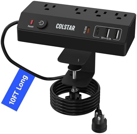 Revolutionize Your Workspace with the Desk Clamp Power Strip Featuring 4 AC Outlets and 4 USB Ports, Including PD 20 W Fast Charging – 10 FT Extension Cord for Ultimate Flexibility, Surge Protection, and Sleek Design for Office Efficiency in White