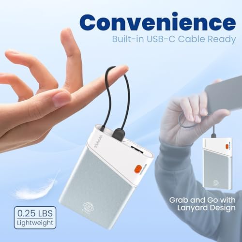 Sleek 5000 m Ah Pink Portable Power Bank with Integrated USB-C Fast Charger – Ultra-Compact Mini Battery Pack for i Phone 16/15/14 & Samsung S24 – Lightweight Design with Handy Lanyard for Effortless Travel Charging