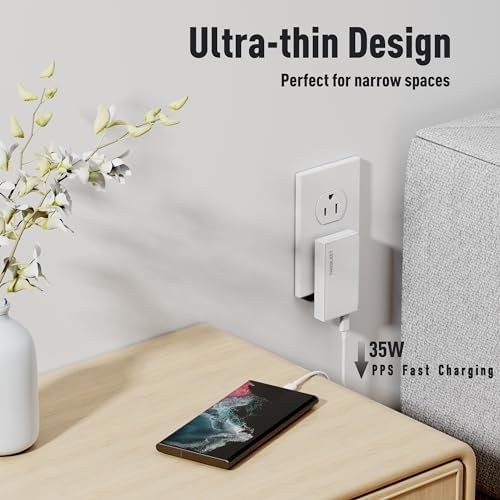 Ultra-Slim 35 W Dual-Port USB-C Power Adapter – PD 3.0 & QC 3.0 Compatible Fast Charger for i Phone 15 Pro, Samsung Galaxy S24/S23 Series, Pixel 8 Pro & More – Travel-Ready Design for Rapid Charging at Home or Office