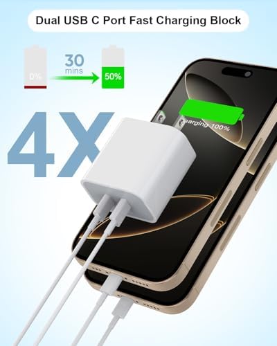 Dual USB-C Fast Charging Block for i Phone 16 | 2-Pack Adapter Set with USB-C Cables | Universal Compatibility for i Phone 15, i Pad Pro | Efficient PD Charging Solution for Home & Travel | Compact Design for On-the-Go Power Management