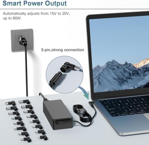 Universal 90 W Laptop Charger with 16 Tips – Versatile AC Adapter for Dell, HP, Acer, Asus, Lenovo, and More – Fast, Safe Power Supply for Notebooks and Ultrabooks – Worldwide Compatibility with 100-240 V Input for Reliable Charging – Ideal Replacement for Diverse Models Including HP Envy, Dell Inspiron, Toshiba Satellite, and Acer Aspire – 30-Day Refund Guarantee and 24/7 Support for Hassle-Free Use – Perfect Solution for Efficient and Dependable Laptop Power Needs