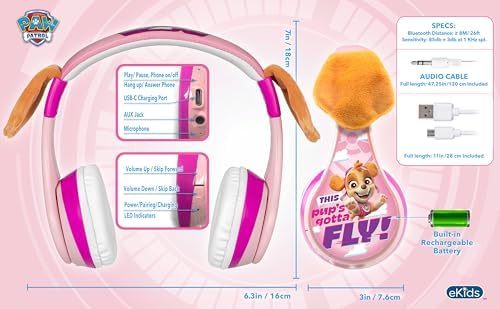 Paw Patrol Skye Kids Bluetooth Headphones – Safe and Stylish Wireless Sound with Built-in Microphone and Volume Limiting for Hearing Protection – Travel-Friendly Foldable Design Ideal for School and Home Use – Enhanced Comfort for Young Listeners and Versatile Compatibility across Devices