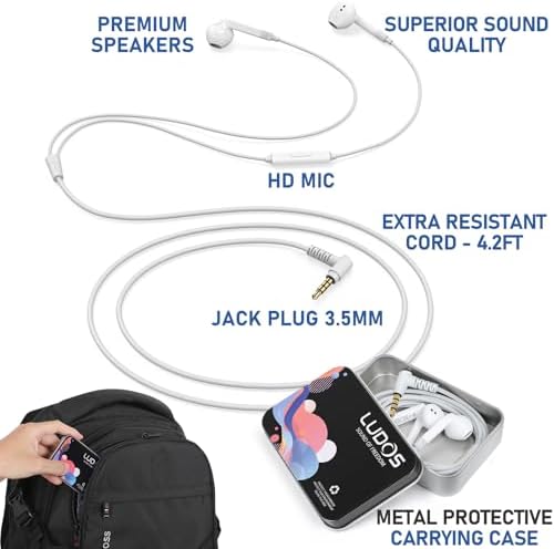 LUDOS FEROX Premium Wired Earbuds – 2-Pack Noise-Isolating Earphones with Integrated Microphone for Crystal-Clear Calls, 5-Year Warranty, Compatible with i Phone, Samsung & Laptops – Perfect for Students and Professionals Who Demand Superior Audio Quality and Comfort on the Go