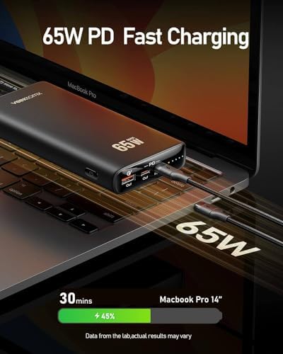 VEEKTOMX 65 W Fast Charging Laptop Power Bank – 20000 m Ah Portable USB-C PD 3.0 Charger for Mac Book, i Phone 15/14/13, i Pad, Samsung, Steam Deck – Ultimate Travel Companion with LED Display & Multi-Device Support