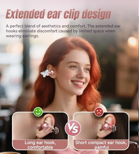 Stylish King Lucky Bluetooth 5.4 Clip-On Earbuds with Chic Detachable Butterfly Earrings – Waterproof Open Ear Design for Ultimate Comfort, 50-Hour Playtime Perfect for Festivals and Parties, Luxurious Rose Gold Gift for Discerning Women