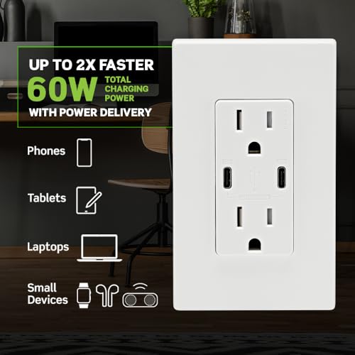 Leviton 60 W Dual USB Type A/Type-C In-Wall Charger – Fast, Efficient Power Delivery Solution for Smartphones, Tablets & Laptops – Tamper-Resistant Outlet in Light Almond for Safe, Clutter-Free Charging Experience – Perfect for Home and Office Use