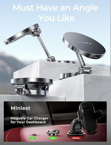 LISEN Mag Safe Car Charger with Ultra-Magnetic Phone Holder – High-Speed 15 W Wireless Charging for i Phone 12-16 Pro Max Plus – Secure Dashboard Mount for Seamless Navigation & Hands-Free Communication – Premium Automotive Accessory for Enhanced Driving Efficiency and Safety