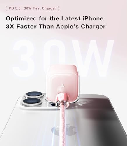 Ultra-Fast TORRAS Icenano 30 W USB-C Charger Block – PD 3.0 Compatible Wall Adapter with 5.5 ft Cable, Stylish Crystal Pink Design, Low-Temperature Operation for Safe Charging of i Phone 16/15 & Mag Safe – Perfect for Travel and Home Use