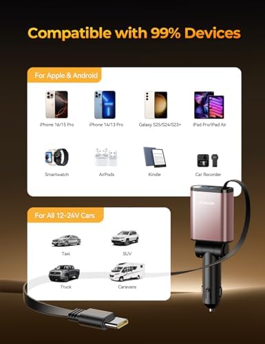 Ultra-Compact 72 W Retractable Car Charger – PD 45 W Fast Charging for i Phone 15/16, Samsung S25/S24 & Pixel – Space-Saving USB C Adapter for Convenient On-the-Go Power Solutions