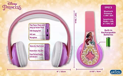 Enchanting Disney Princess Bluetooth Headphones for Kids – Wireless Adjustable Earphones with Built-In Mic and AUX for School, Travel, and Home – Safe Sound Experience for Young Listeners