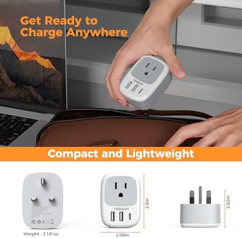 TESSAN Universal Type G UK Travel Adapter with 3 USB Ports & USB-C Charger – Effortless US to UK Plug Conversion for Global Travelers to England, Ireland, Qatar, Hong Kong, Dubai, and More – Compact Power Solution for Fast and Safe Device Charging