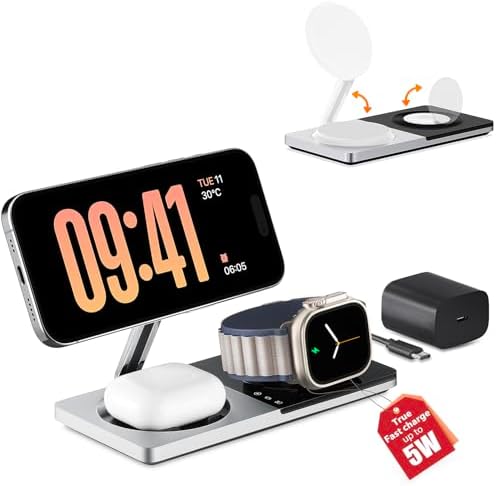 Revolutionize Your Charging Experience: 3-in-1 Fast Charging Station for Apple Devices with Mag-Safe Technology – Wireless Dock for i Phone 16/15/14/13/12 Series, Apple Watch Series 1-9/Ultra, and Air Pods Pro – Includes 30 W USB Charger in Sleek Silver Finish for Optimal Compatibility and Speed