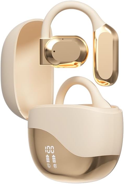Ultimate IPX7 Waterproof Wireless Earbuds – Enhanced Over-Ear Stereo Bass Bluetooth Headphones for Sports & Workouts – Dual Power Display Charging Case for Effortless Recharging – Exceptional Sound Performance for Active Lifestyles – Sleek Champagne Design
