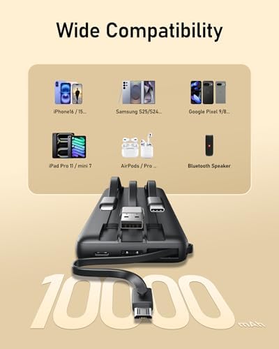 VEEKTOMX 10,000 m Ah Portable Power Bank with Integrated Charging Cables – Slim, Lightweight Fast Charger for i Phone, Samsung, and Android Devices – Essential Travel Companion with Intelligent Charging Technology for On-the-Go Convenience