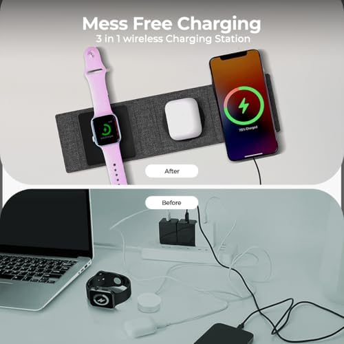 ZTAR 3-in-1 Wireless Travel Charger: Ultimate Mag Safe-Compatible Charging Pad for i Phone 16/15/14/13/12, Samsung Galaxy, Air Pods & Apple Watch – Portable Foldable Design for Effortless Travel & Rapid Multi-Device Charging