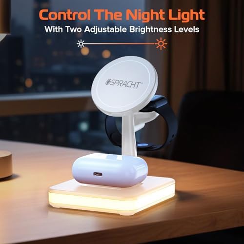Spracht Flex Charge 4: Advanced 4-in-1 Wireless Charging Station with 25 W Fast Charging, Magnetic Dock for Smartphones, Smartwatches & Earbuds | Qi-Compatible Multi-Device Charger with Built-in Nightlight for Enhanced Convenience and Style