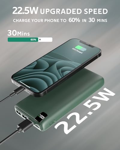 26800 m Ah CONXWAN Portable Power Bank – 22.5 W Fast Charging USB-C Battery Pack with 4 Outputs for i Phone, Android, and Tablets – Essential Travel Charger for On-the-Go Power Solutions in Green