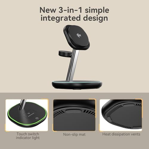 Ultimate 3-in-1 Wireless Charging Station: 15 W Fast Charger for i Phone 16/15/14/13/12, Apple Watch & Air Pods – Adjustable Viewing Stand with Sleep-Friendly Light for Enhanced User Experience (Black) – Rapid, Safe Power Delivery with Multi-Protection Features