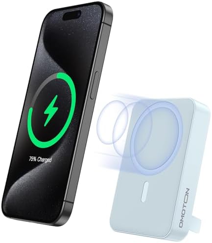 OMOTON 10,000 m Ah Magnetic Power Bank with Foldable Stand – Fast Charging Battery Pack for i Phone 15 and Above, Enhanced LED Display for Real-Time Monitoring, Sleek Gray and White Design for Ultimate Portability and Style