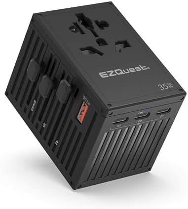 EZQuest 35 W Ga N 5-Port Universal Travel Charger – Compact International Adapter with 4 Plug Types (US/UK/EU/AU) for Global Use – 4 USB-C & 1 USB-A Ports with PD Fast Charging – Lightweight Black Design for Effortless Portability and Device Protection