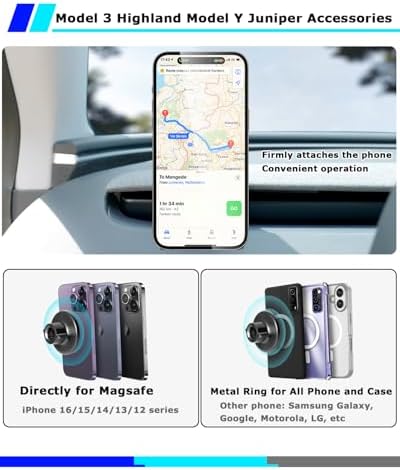 Tesla Model 3 & Y 2025 Premium Phone Mount with 15 W Mag Safe Wireless Charger – Effortless Installation for i Phone 12-16 Series – Enhance Driving Safety & Convenience with This Essential Tesla Accessory