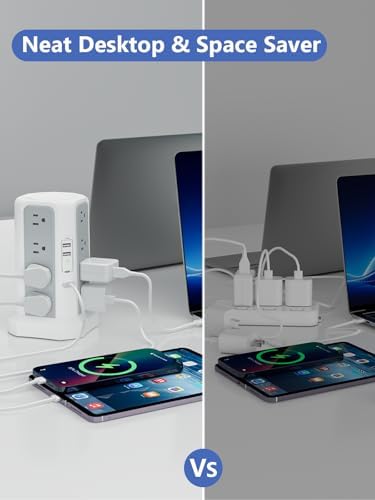 Revolutionize Your Charging Experience: 10 FT Surge Protector Power Strip Tower with 16 Outlets & 4 USB Ports – Efficient Desk Charging Station for Home, Office, or Dorm Room – Ultimate Space-Saving Solution with Robust 1625 W Power Output and Enhanced Safety Features