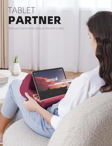 Lamicall Adjustable Tablet Pillow Holder – Soft Memory Foam Stand for Comfortable Bed or Lap Use, Featuring Integrated Stylus Mount and Accessory Pocket, Compatible with 4-13″ Devices Including i Pad Pro 12.9, Air, Mini, Kindle, and Galaxy Tab – Stylish Dark Red Design for Enhanced Viewing Experience and Improved Posture