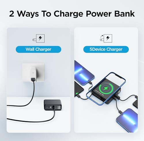 Sanag 5-in-1 Travel Charger Power Bank – 10,000 m Ah Fast Charging Wireless and USB-C Device with Built-in Cables & AC Wall Plug for Ultimate Compatibility with i Phone, Samsung & More – Compact, Lightweight, and Designed for On-the-Go Charging Efficiency