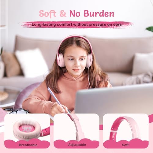 Comfortable Pink Headphones for Kids with Microphone – Safe Listening Technology at 85/94 d B, Foldable & Portable for School and Travel, Includes Stylish Carrying Case – Ideal for Young Girls Who Love Music and Learning