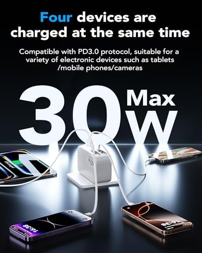 Ultimate 4-in-1 Retractable Wall Charger with Dual USB Ports – Fast 40 W Charging Adapter with 35.5 in/90 cm Lightening and Type-C Cables – Perfect for i Phone 16/15/14/13/12/11, i Pad, Galaxy, and Pixel Devices – Compact, Foldable Design for Effortless Travel and Enhanced Device Compatibility