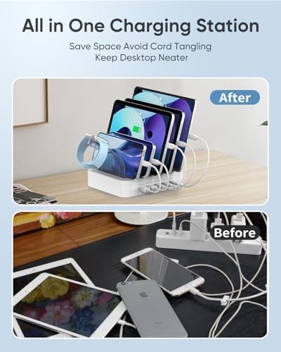MSTJRY 90 W USB C Charging Station – Versatile 5-Port Fast Charger for i Phones, i Pads, Tablets & Air Pods – Customizable Charging Dock with Adjustable Dividers for Home, Office & Classroom – Optimal Compatibility & Safety Features