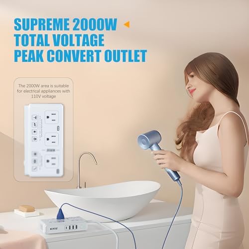 High-Power 2000 W Voltage Transformer Adapter – Premium 220 V to 110 V Travel Converter for High-Watt Hair Dryers and Electronics – Universal Plug Compatibility for US, EU, UK, and Italy – Efficient Fast Charging Solution for Global Travelers and Versatile Power Access